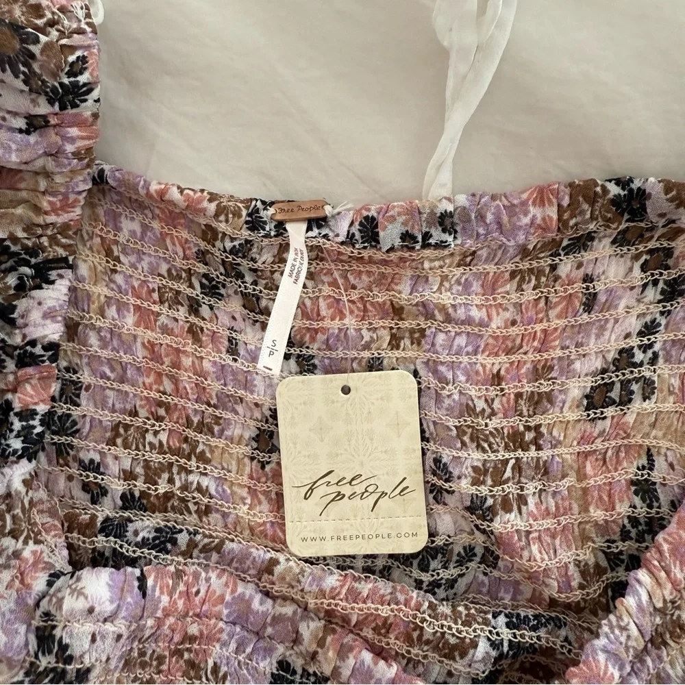 Free People Floral Smocked Puff Sleeve Top NWT